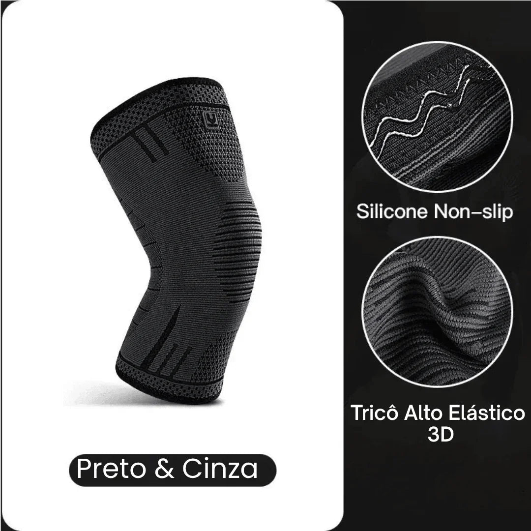Joelheira preta e cinza com silicone antiderrapante e tricô alto elástico 3D.