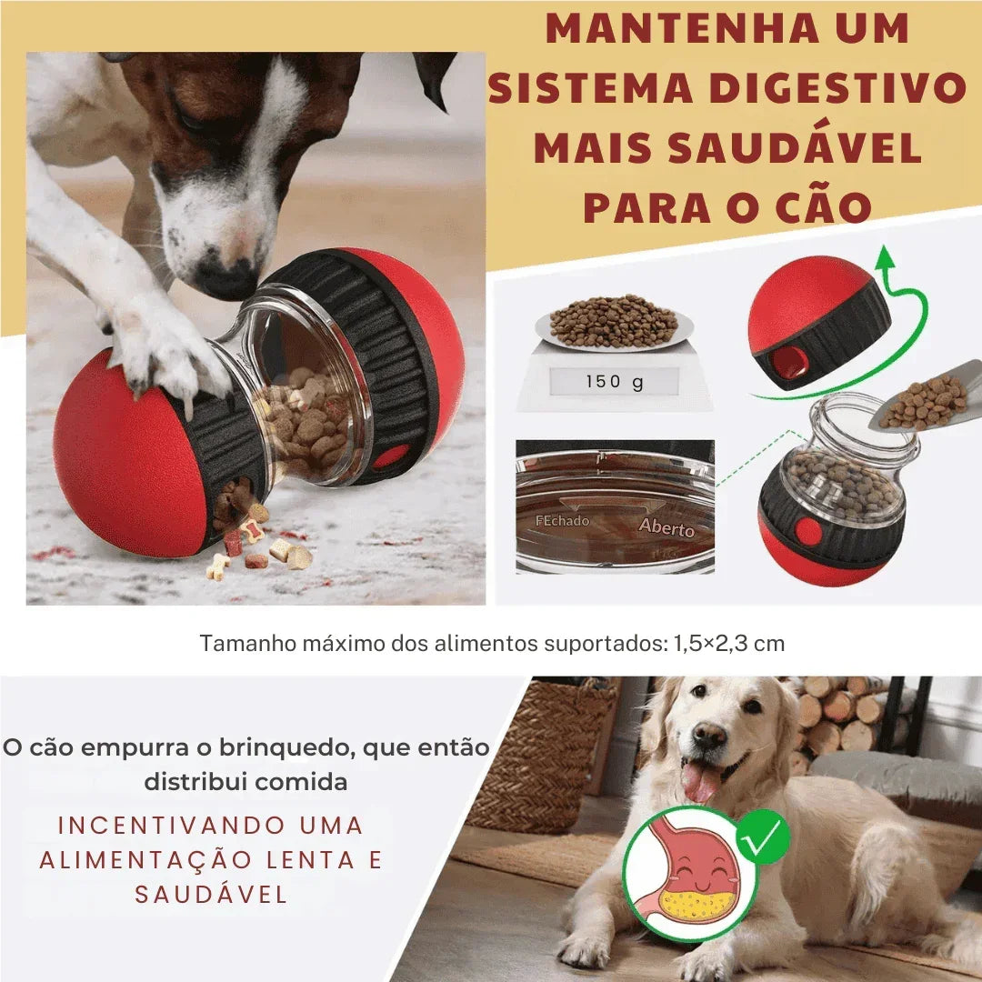 Brinquedo dispenser de ração para cachorro, estimula alimentação lenta e saudável.