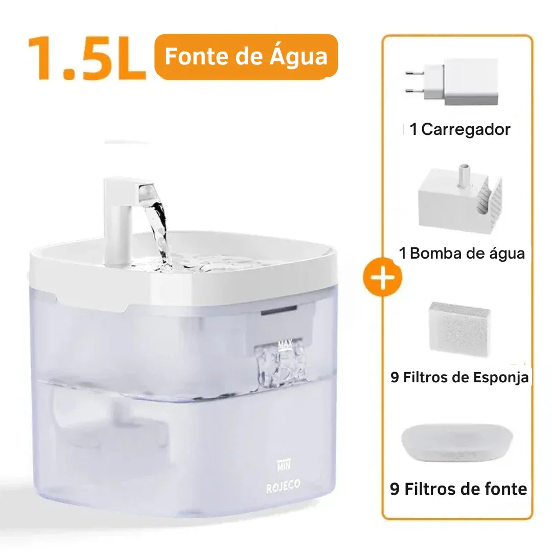 Fonte de água elétrica 1.5L ROJECO transparente com acessórios, filtros e bomba inclusos.