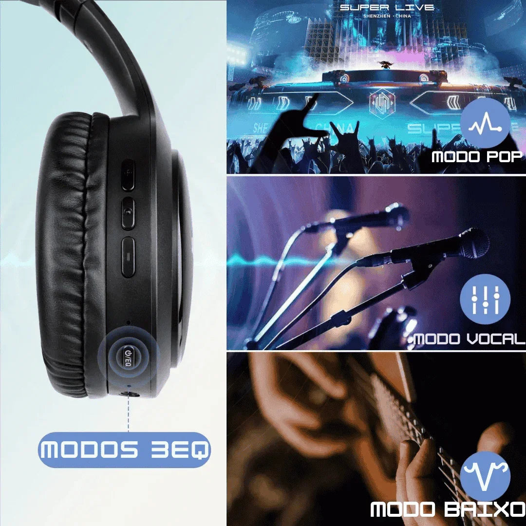 Fone de ouvido com botões e modos 3EQ: pop, vocal e baixo, ilustrados por show, microfones e violão.