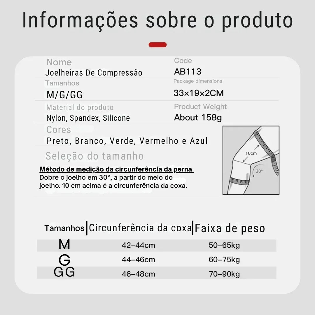 Tabela de informações de Joelheiras de Compressão, tamanhos, cores e instruções de medida.
