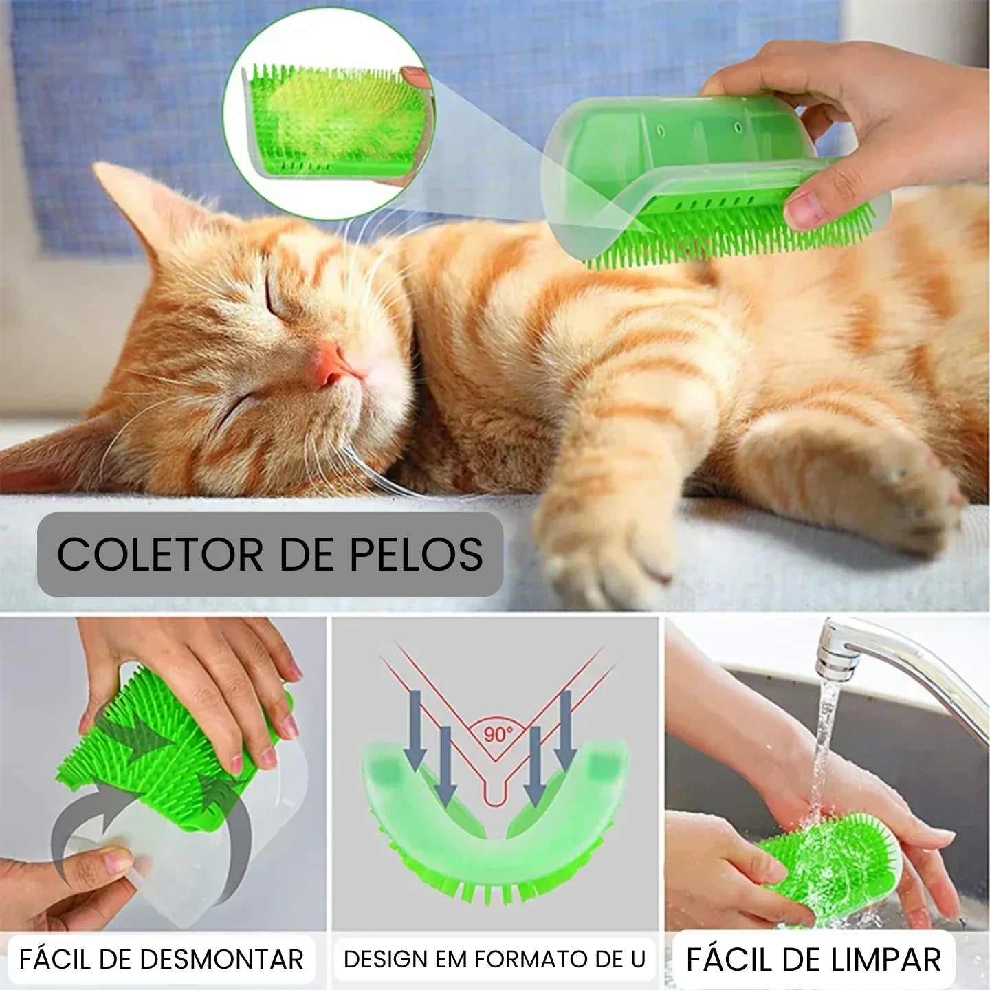 Coletor de pelos verde para gatos, design em U, fácil de desmontar e lavar.