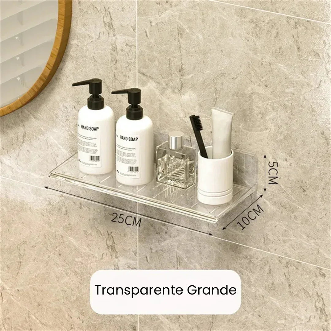 Prateleira de banheiro transparente grande 25x10x5cm fixada na parede com itens de higiene