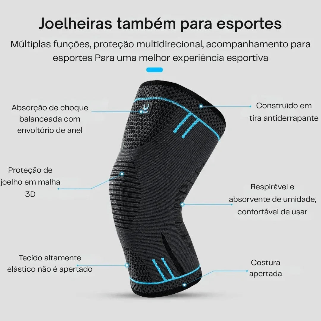 Joelheira esportiva preta de malha 3D com detalhes azuis, respirável e antideslizante.