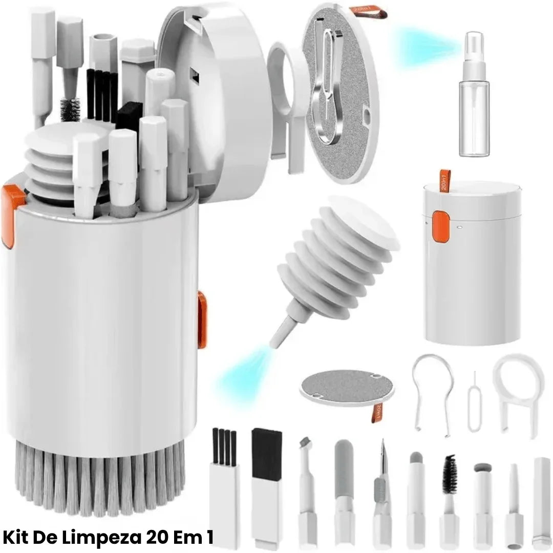 Kit de limpeza 20 em 1 multifuncional branco, escovas, pinças e acessórios para eletrônicos.