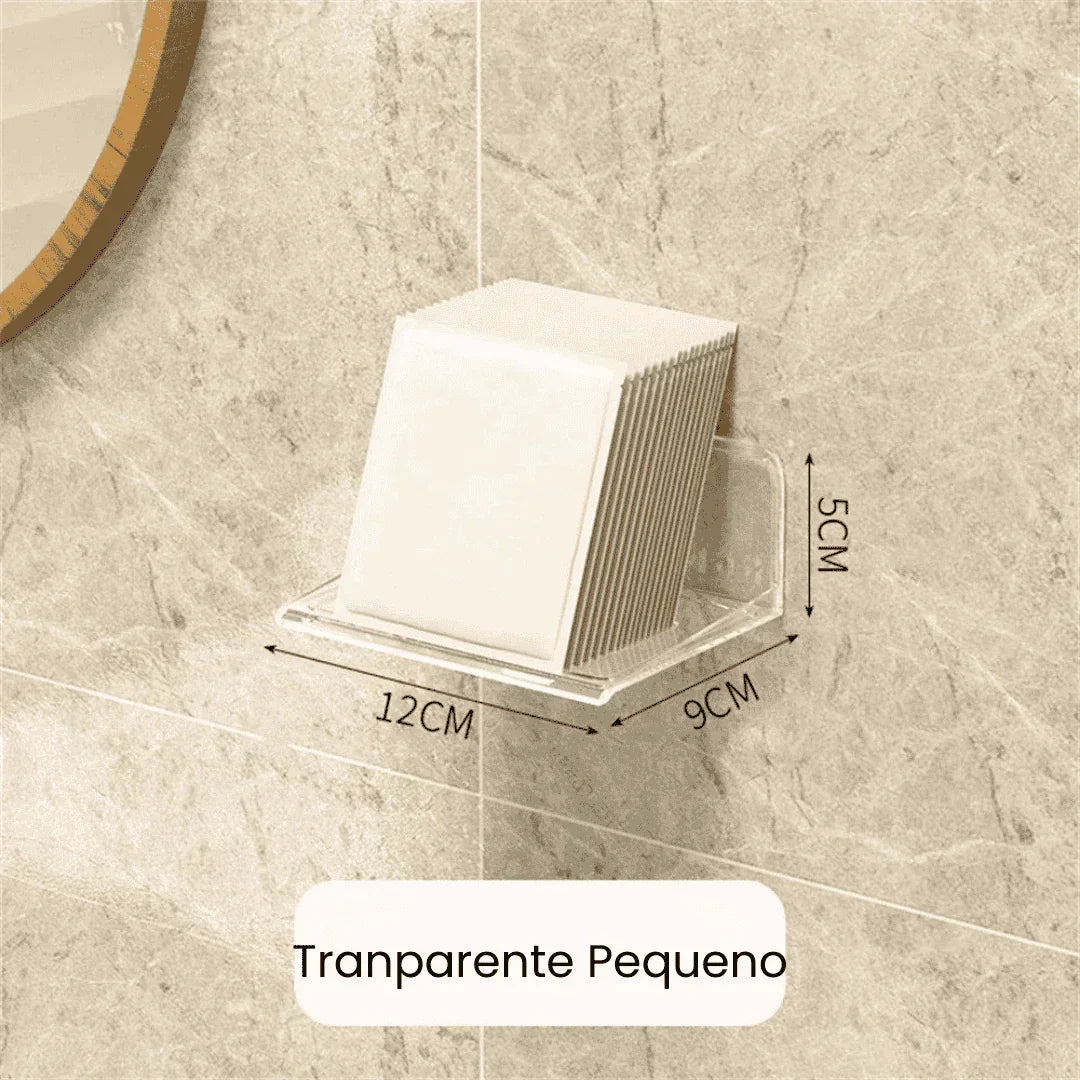 Suporte transparente pequeno para guardanapos, 12x9x5cm, em banheiro elegante