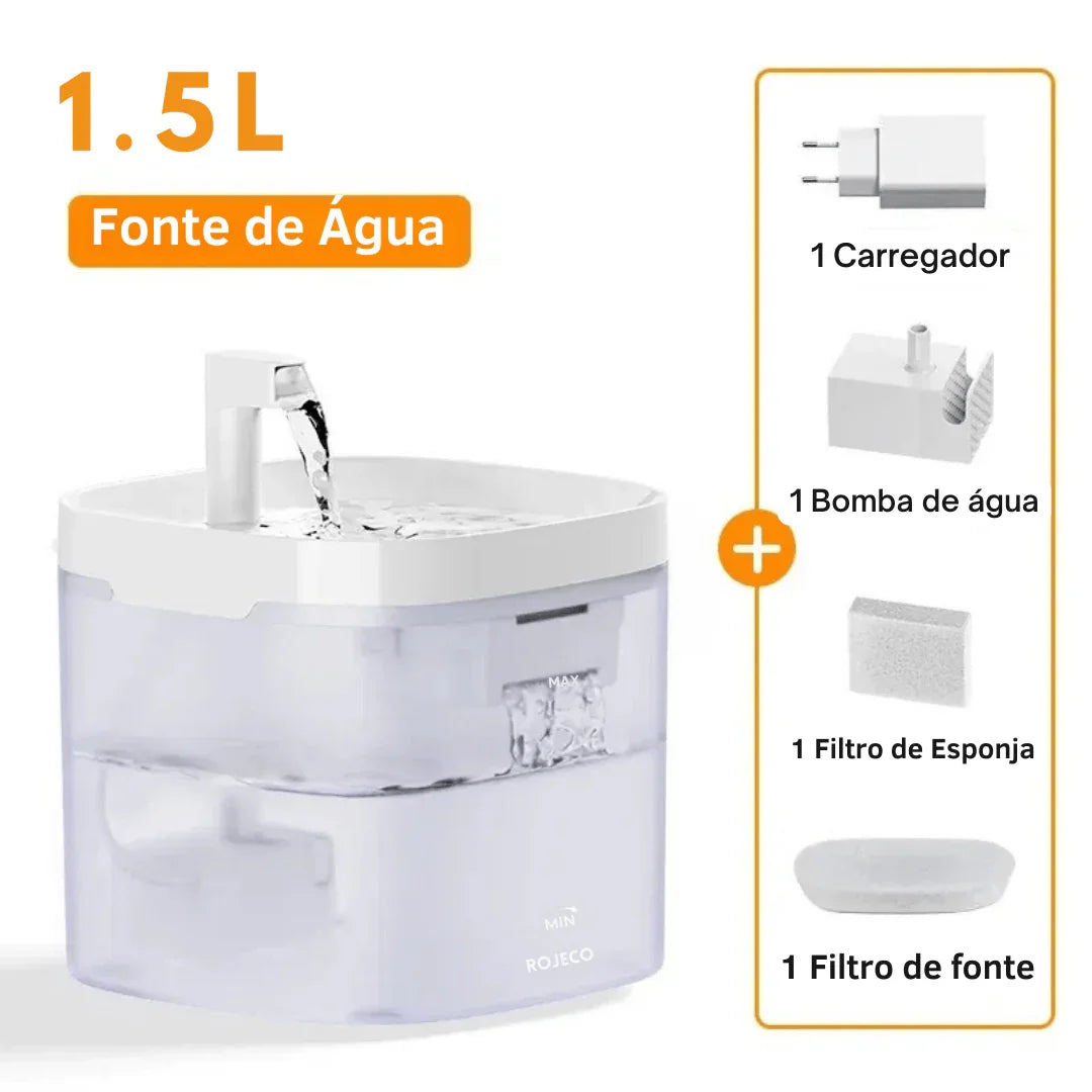 Fonte de água elétrica 1,5L para pets com carregador, bomba, filtro esponja e filtro de fonte
