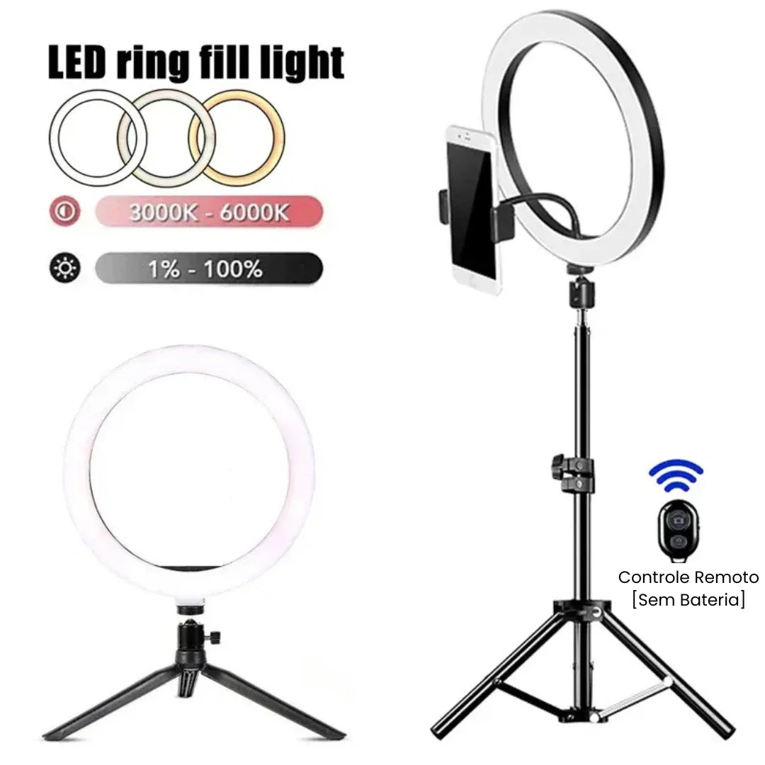 Ring light LED com tripé, suporte para celular, controle remoto, ajuste de cor e intensidade