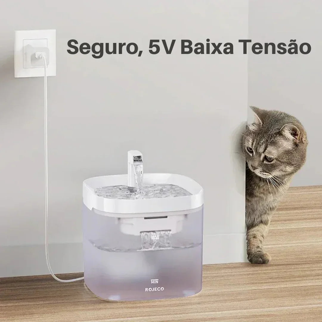 Fonte de água elétrica para gatos ROJECO, tomada e gato observando em ambiente interno