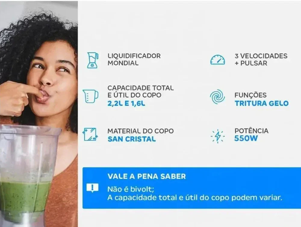 Mulher provando vitamina feita em liquidificador Mondial, copo san cristal, potência 550W.
