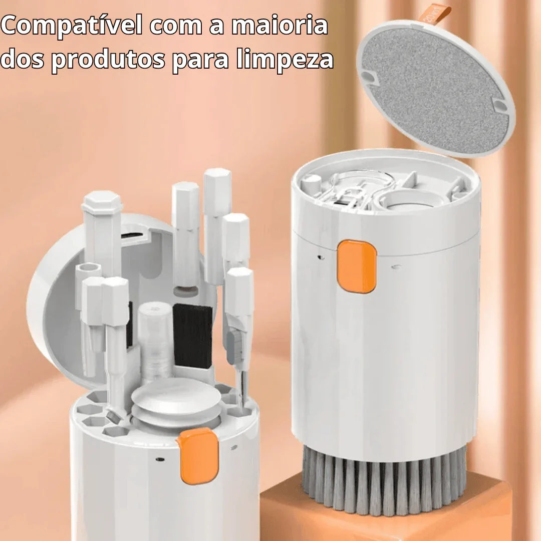 Kit de ferramentas de limpeza multifuncional branco para eletrônicos em fundo bege.