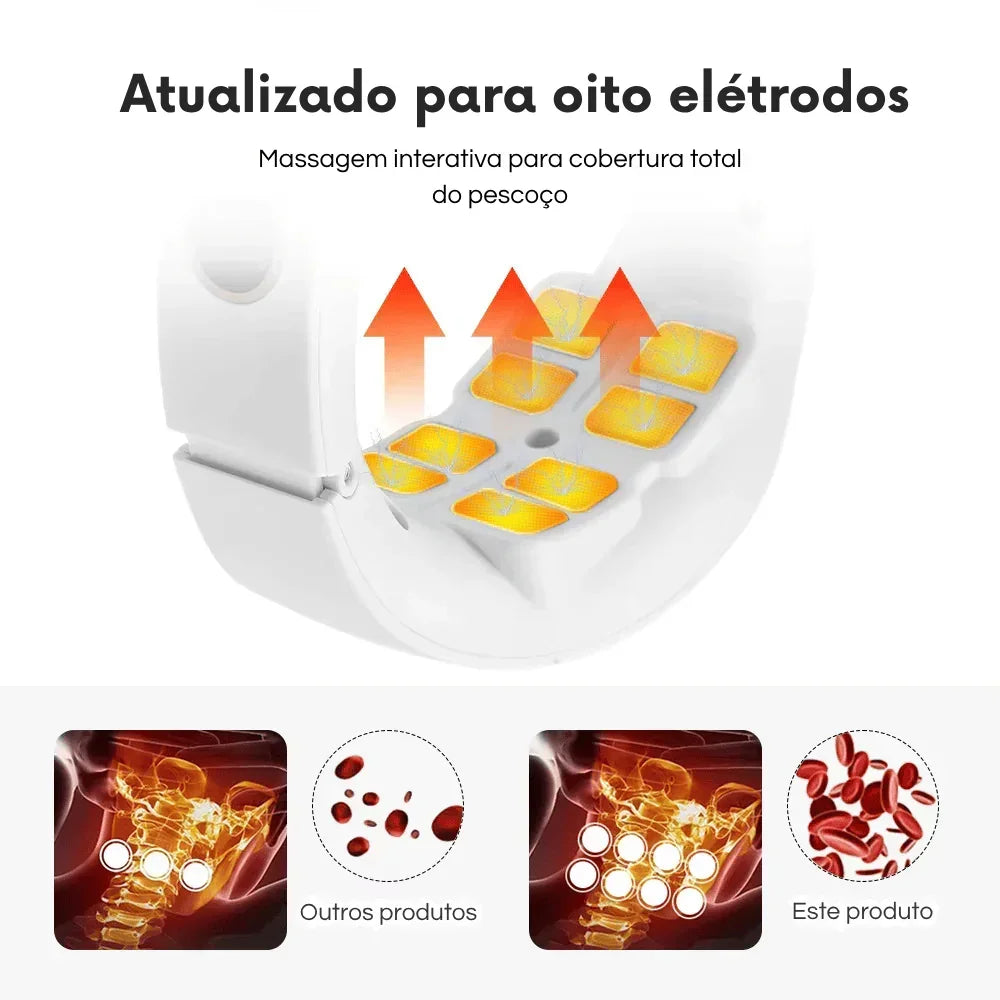 Massageador cervical branco com oito eletrodos, destaque em luzes laranja para terapia no pescoço