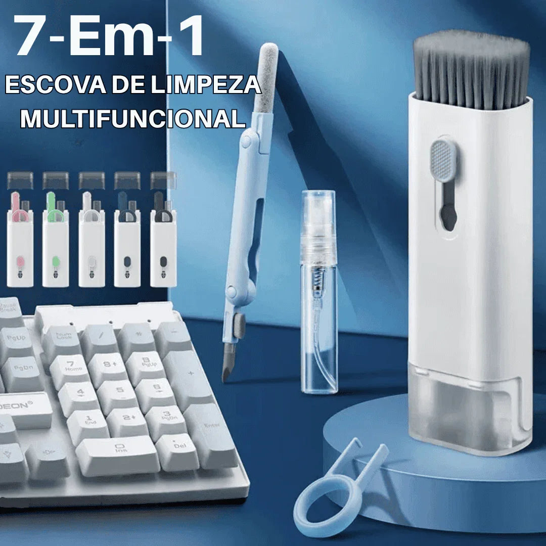 Escova de limpeza multifuncional 7 em 1 para teclado, com acessórios e detalhes em branco e azul.