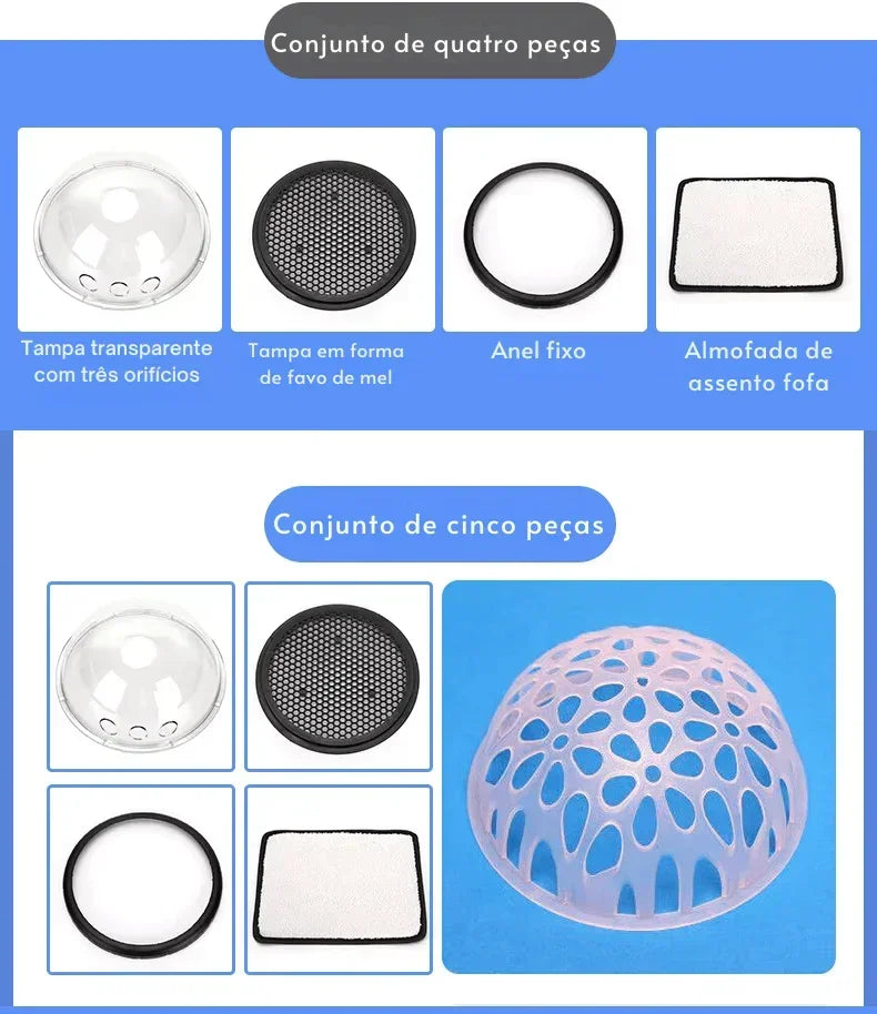 Conjunto para gatos com tampa transparente, grade favo de mel, anel, almofada e redoma plástica.