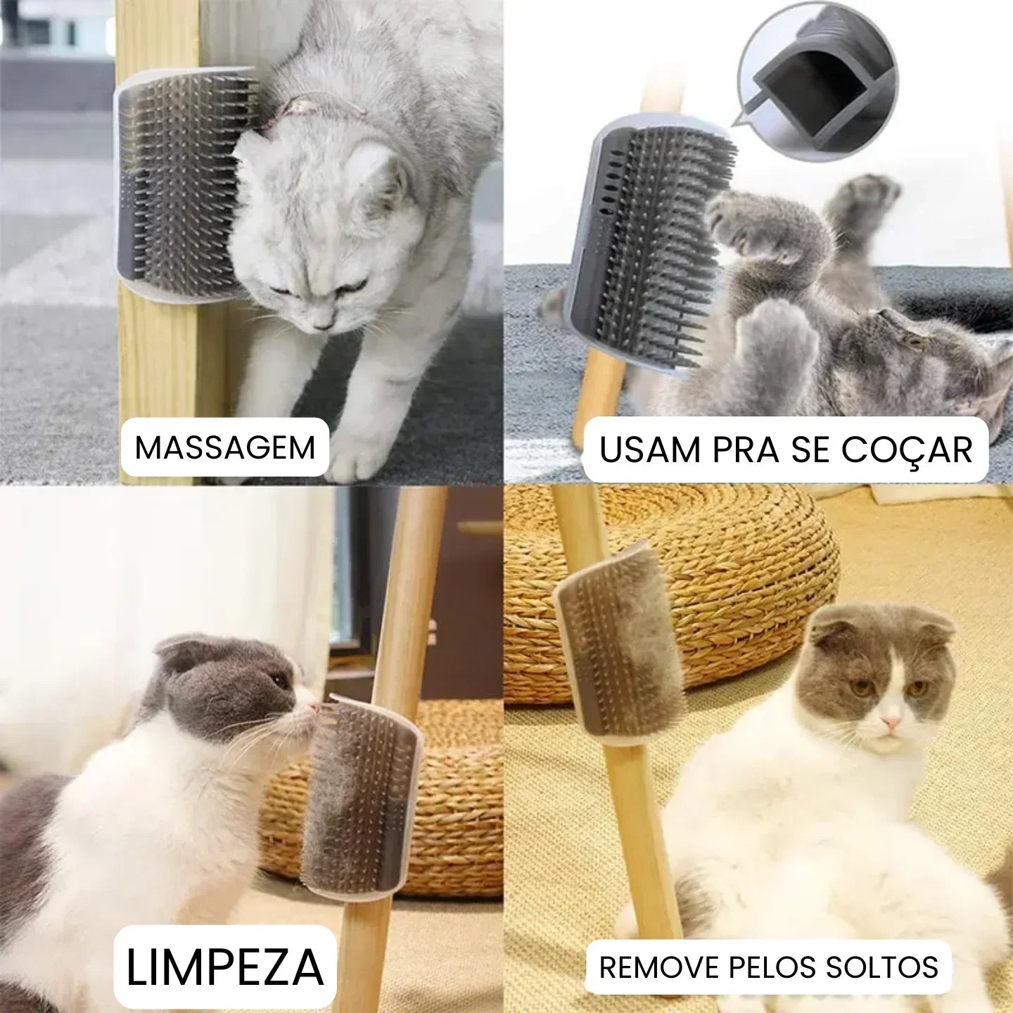 Gatos usando escova massageadora de canto para massagear, coçar e remover pelos soltos.