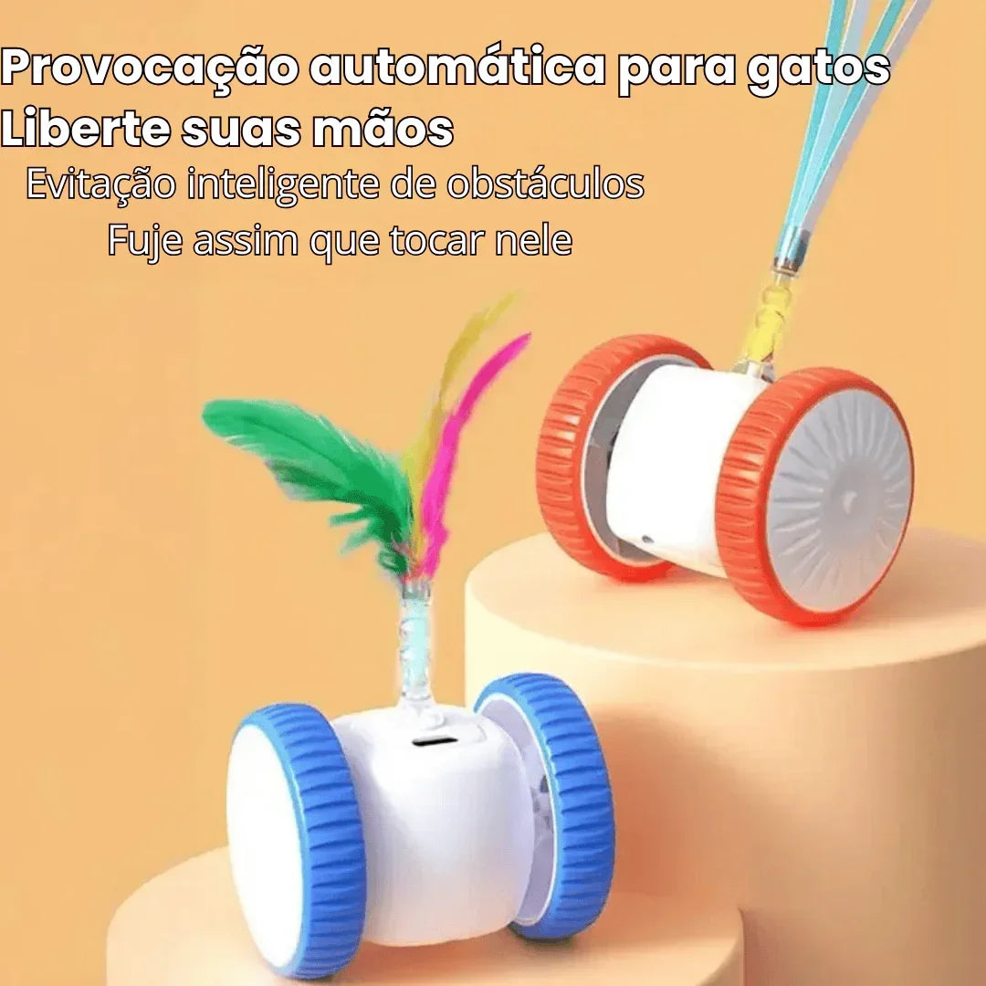 Brinquedo automático interativo para gatos, com rodas coloridas e penas, fundo laranja.