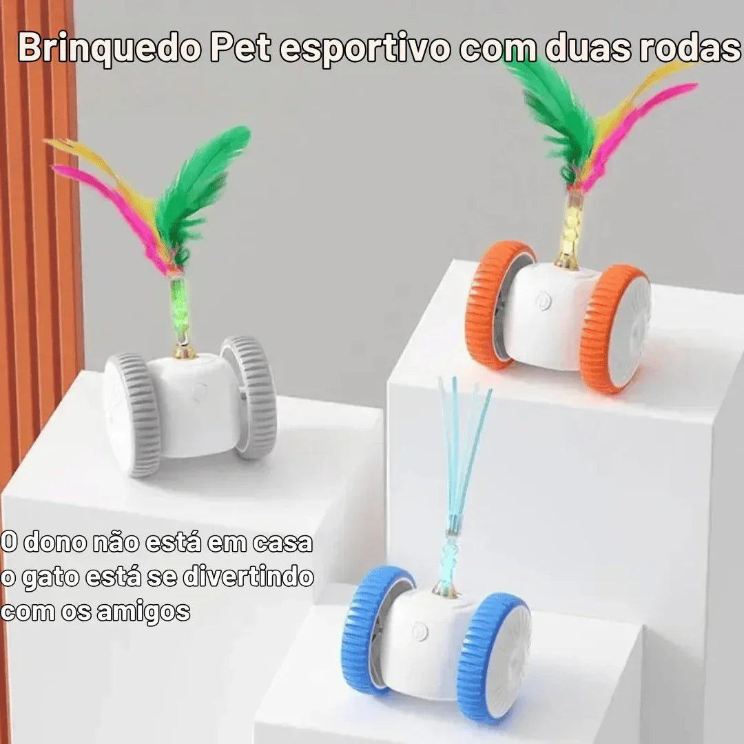 Brinquedos pet com duas rodas e penas coloridas para gatos, cores diversas, fundo branco.