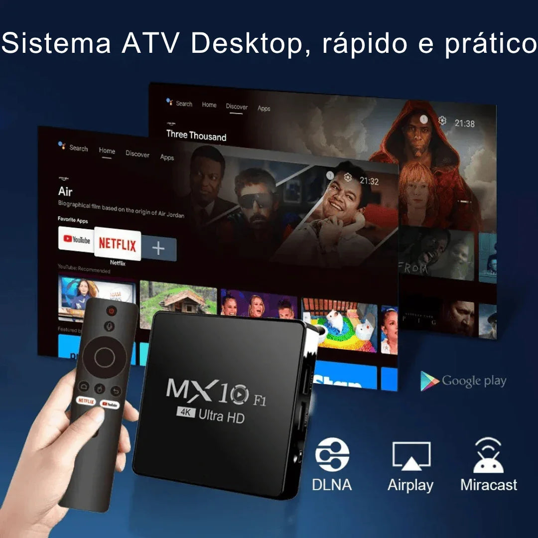 TV Box MX10 4K Ultra HD com controle remoto, interface Android, suporte Netflix e YouTube