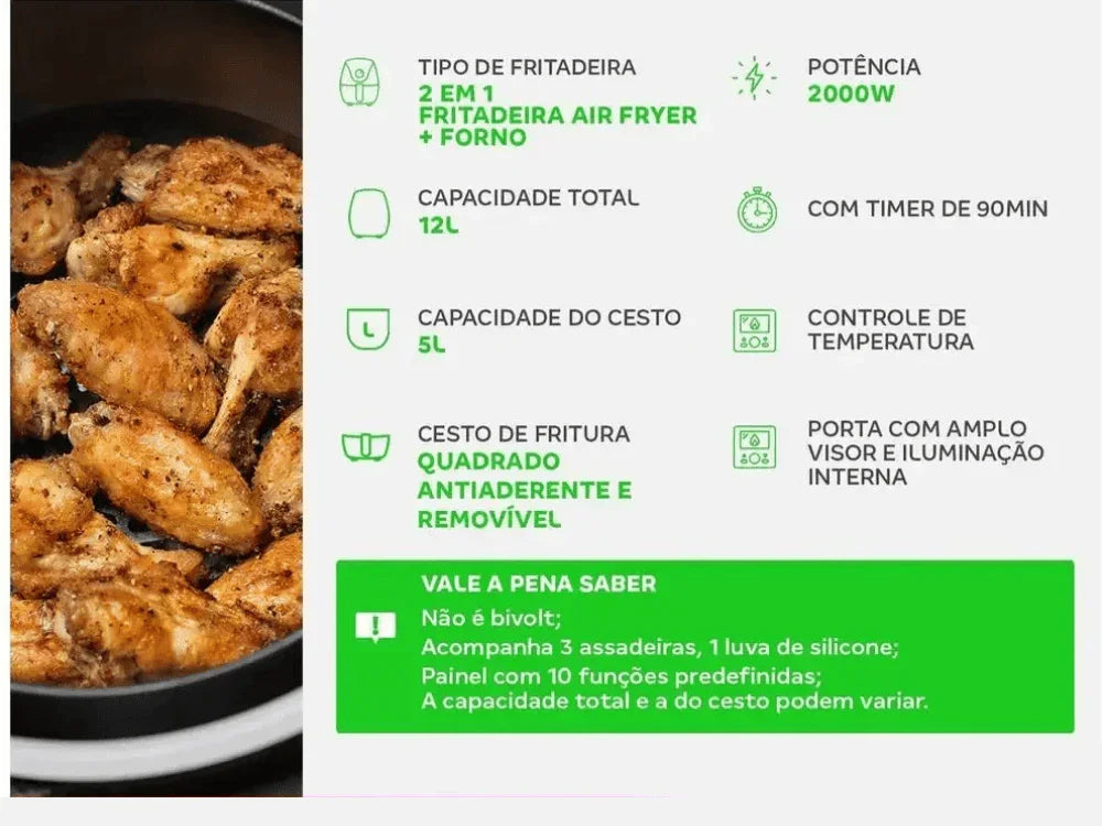 Frango assado em fritadeira air fryer forno 2 em 1, painel de recursos e capacidades em destaque