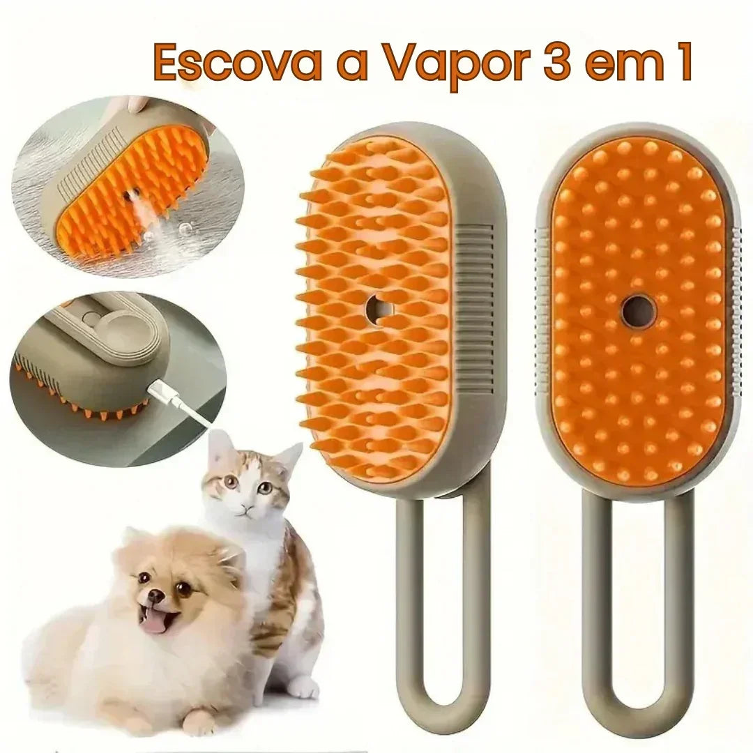 Escova a vapor 3 em 1 para pets, mostra escova laranja, cachorro e gato.