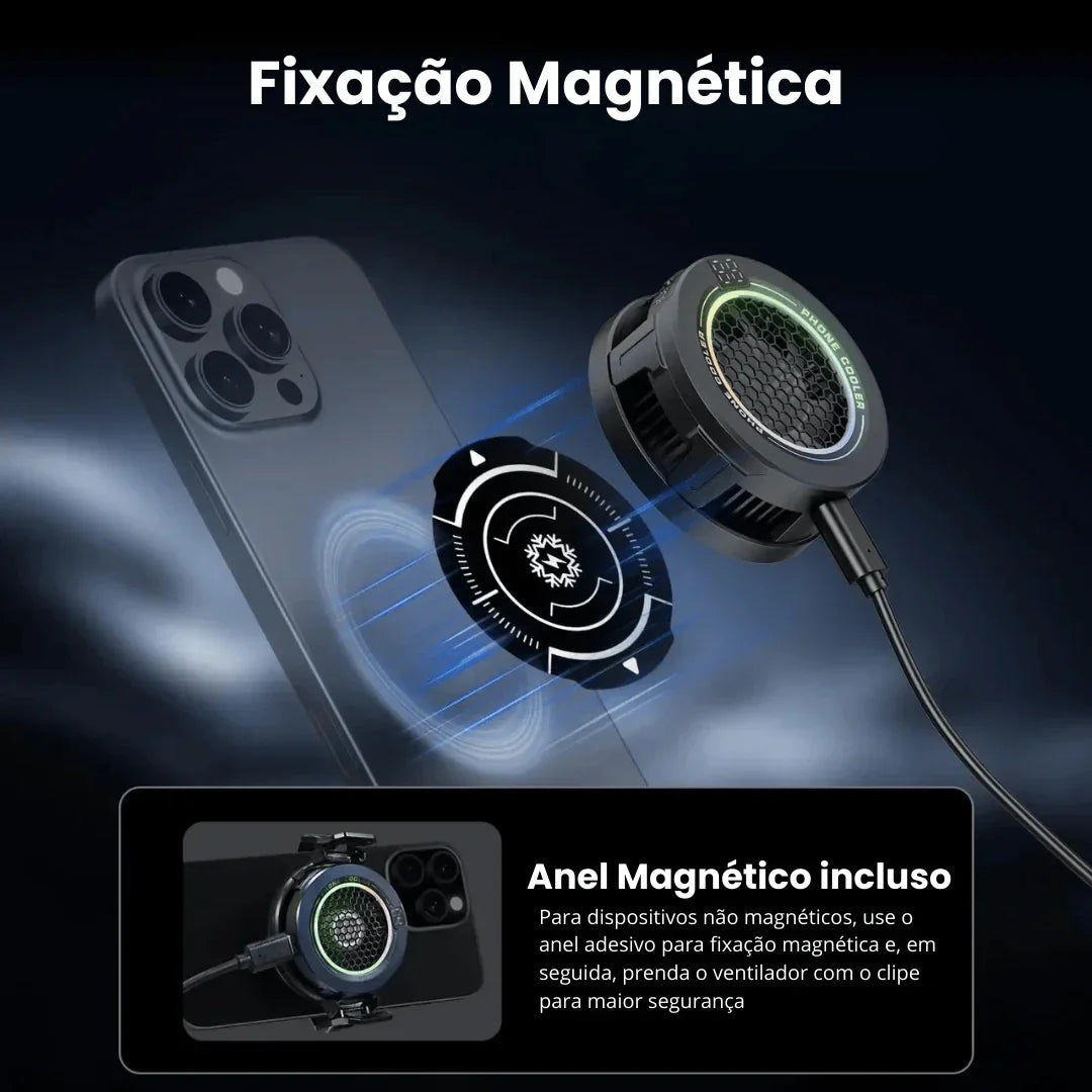 Ventilador magnético para celular com fixação magnética e anel adesivo incluso.