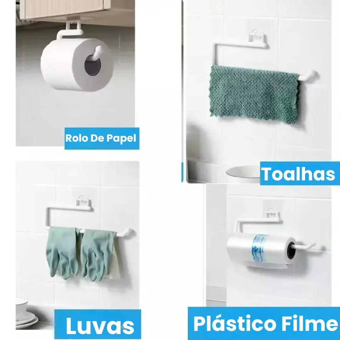 Suporte multiuso de parede para rolo de papel, toalhas, luvas e plástico filme na cozinha