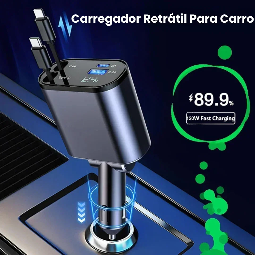 Carregador retrátil para carro com display digital, 120W, fast charging, cabos USB e Tipo-C