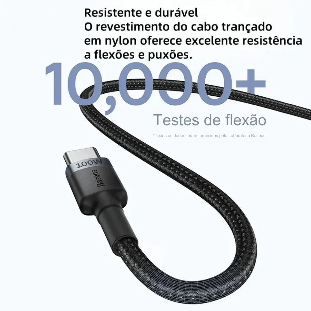 Cabo USB-C Baseus 100W trançado em nylon preto, resistente, com texto sobre testes de flexão.