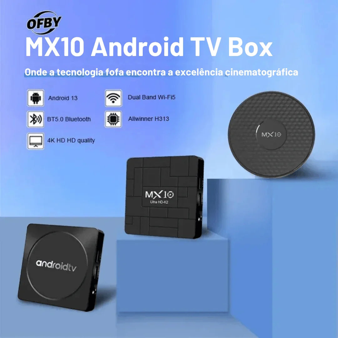 MX10 Android TV Box preto com Android 13, Wi-Fi dual band, Bluetooth e 4K, em fundo azul.