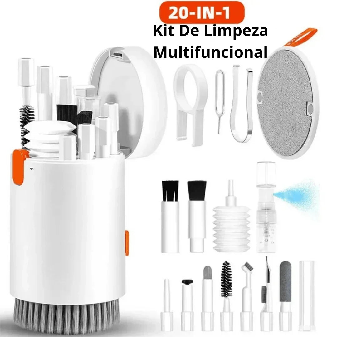 Kit de limpeza multifuncional 20 em 1 com escovas, pinças e acessórios brancos.