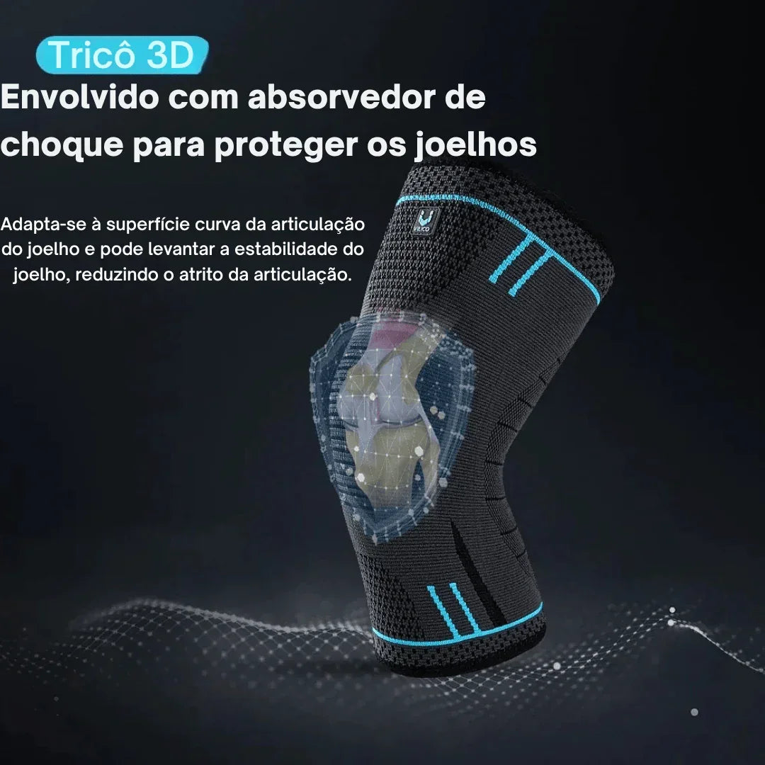 Joelheira de tricô 3D preta com detalhes azuis, absorvedor de choque e modelo anatômico.