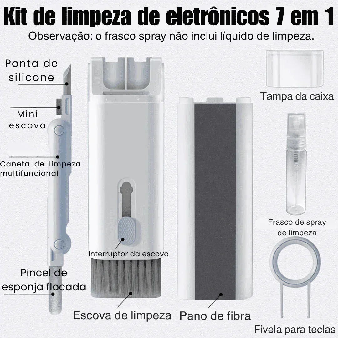 Kit de limpeza de eletrônicos 7 em 1 com escova, pano de fibra, spray e ferramentas detalhadas.
