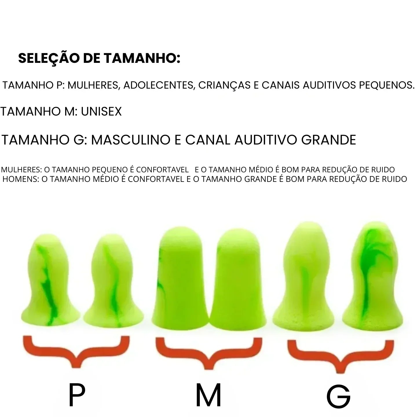 Protetores auriculares verdes em três tamanhos P, M e G, com instruções de seleção de tamanho.