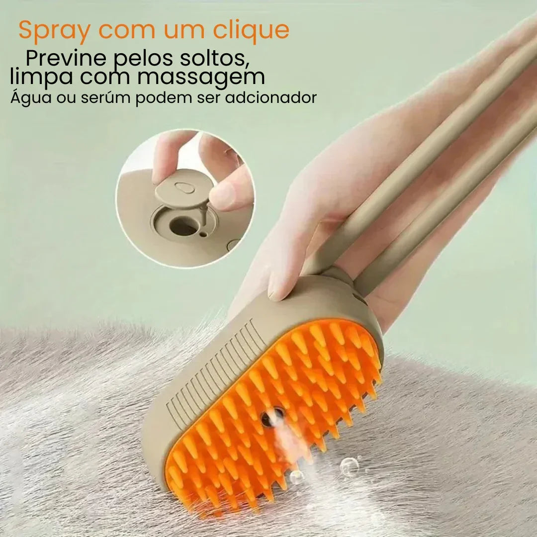 Escova massageadora com spray para pets, remove pelos soltos e limpa com massagem.