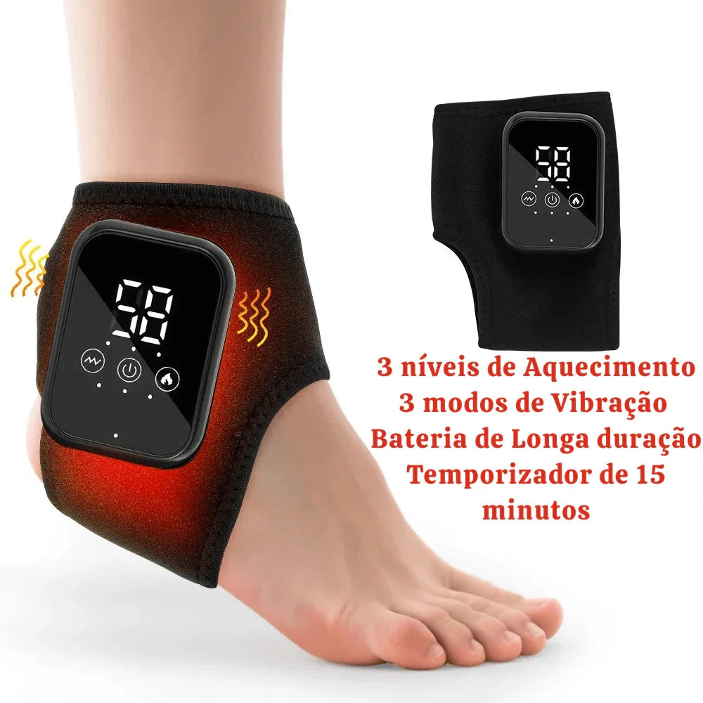 Massageador de tornozelo preto com visor digital, ajuste de calor e vibração no pé