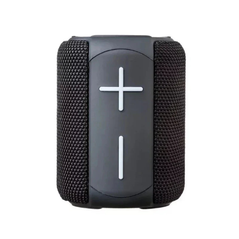 Caixa de som bluetooth portátil preta com botões de volume em destaque