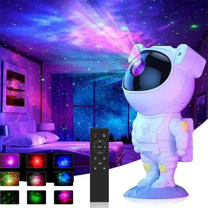Projetor astronauta decorativo projetando luzes coloridas no quarto, controle remoto incluso