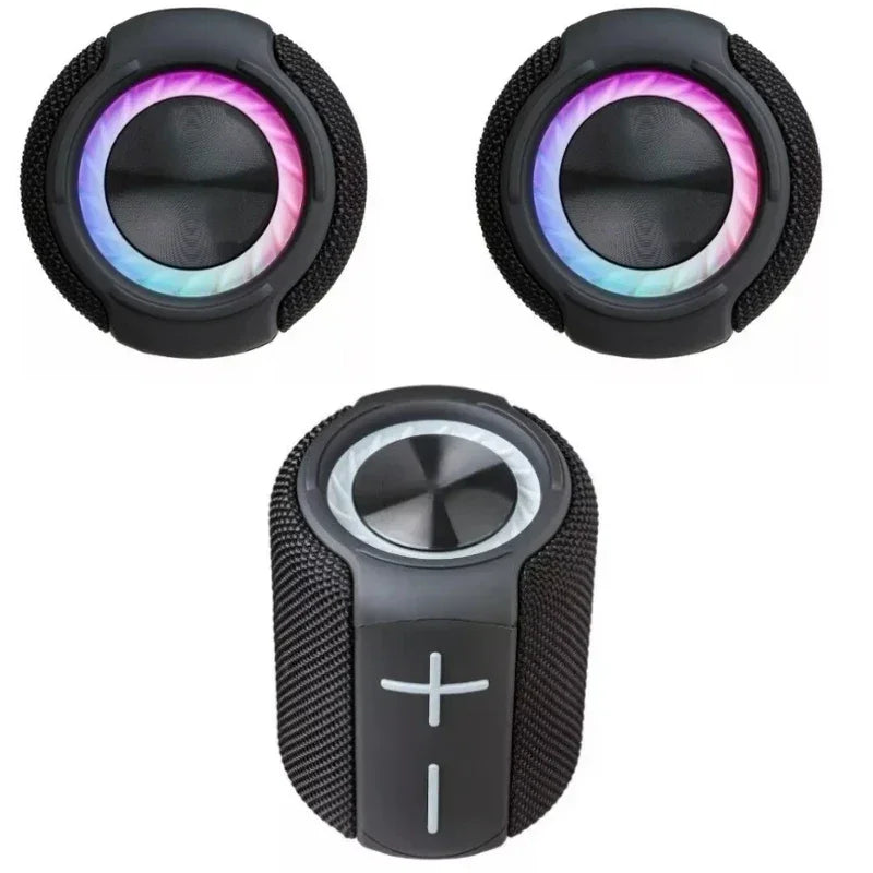 Caixa de som Bluetooth preta portátil com luz LED colorida e botões de volume destacáveis.