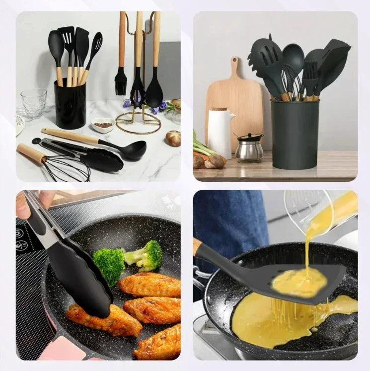 Utensílios de cozinha preto com cabo de madeira, usados para cozinhar e servir alimentos.