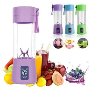 Mini liquidificador portátil colorido com frutas e sucos ao redor, ideal para smoothies