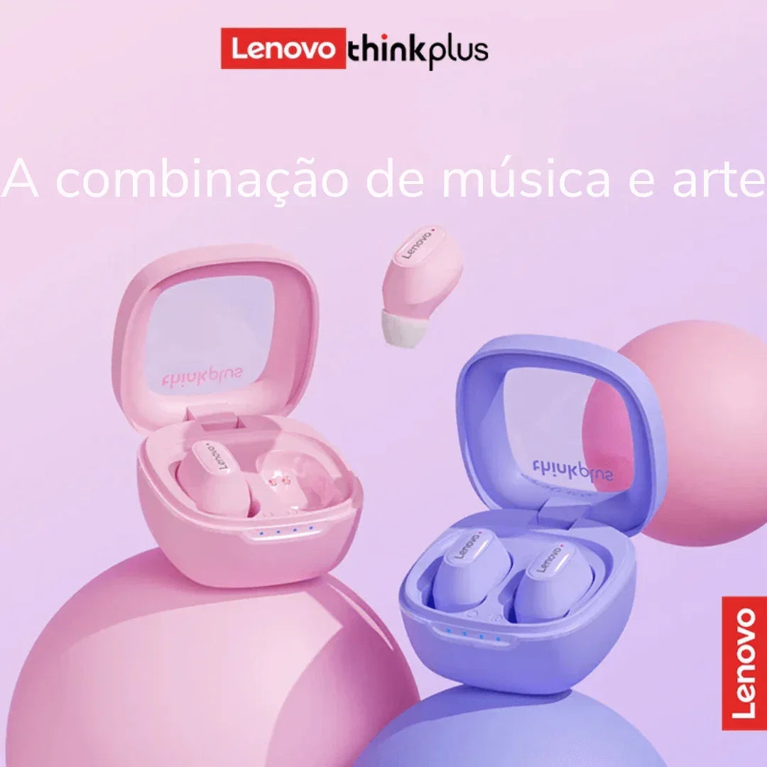 Fones de ouvido Bluetooth Lenovo Thinkplus em rosa e azul com caixas, fundo artístico pastel.