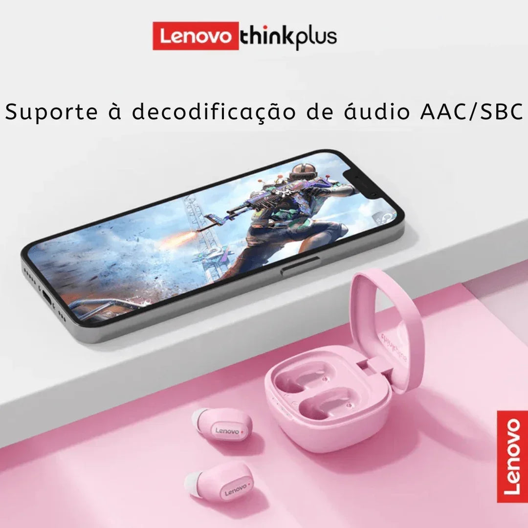 Fone de ouvido Bluetooth Lenovo rosa com estojo ao lado de smartphone exibindo jogo, suporte AAC/SBC.