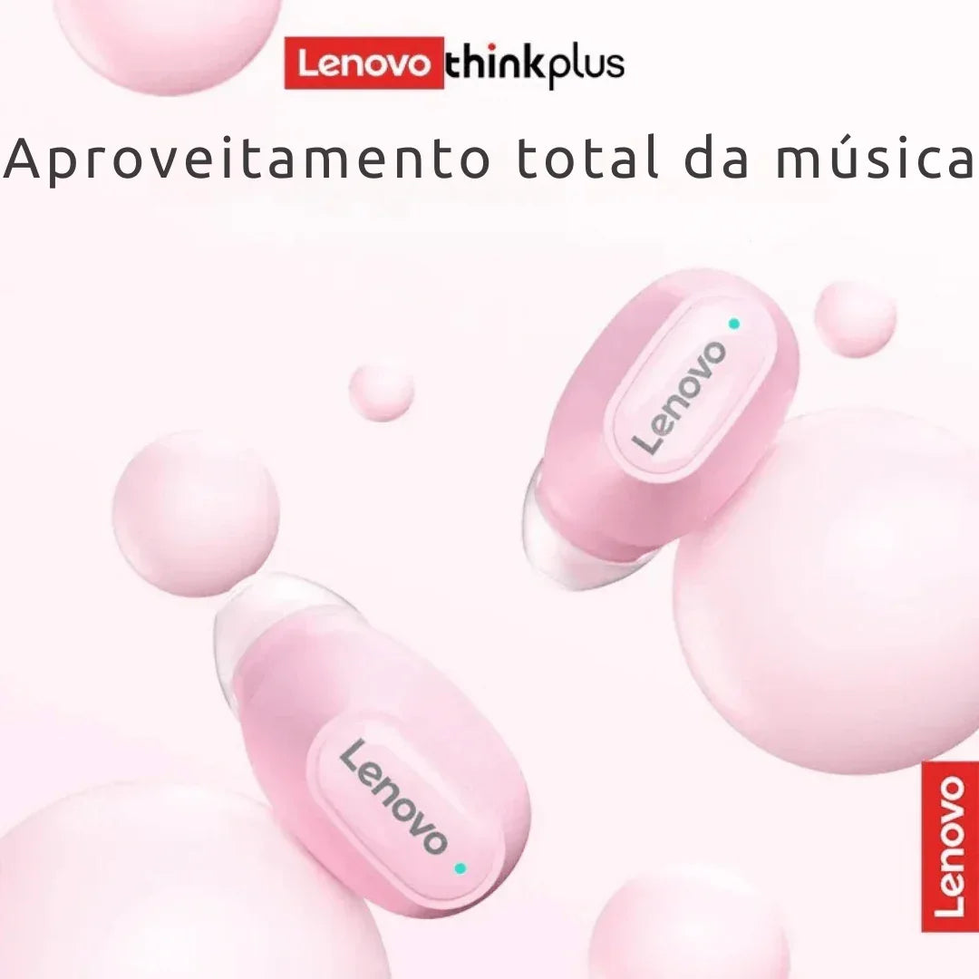 Fones de ouvido Lenovo Thinkplus rosa em destaque com fundo branco e bolhas, slogan musical