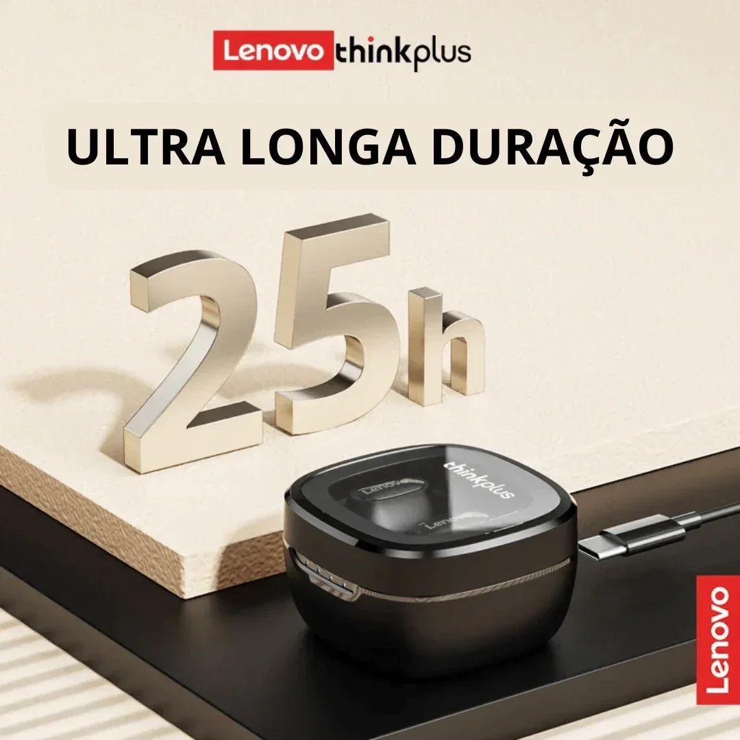 Estojo para fones Lenovo Thinkplus em destaque, com texto 'ultra longa duração 25h'.