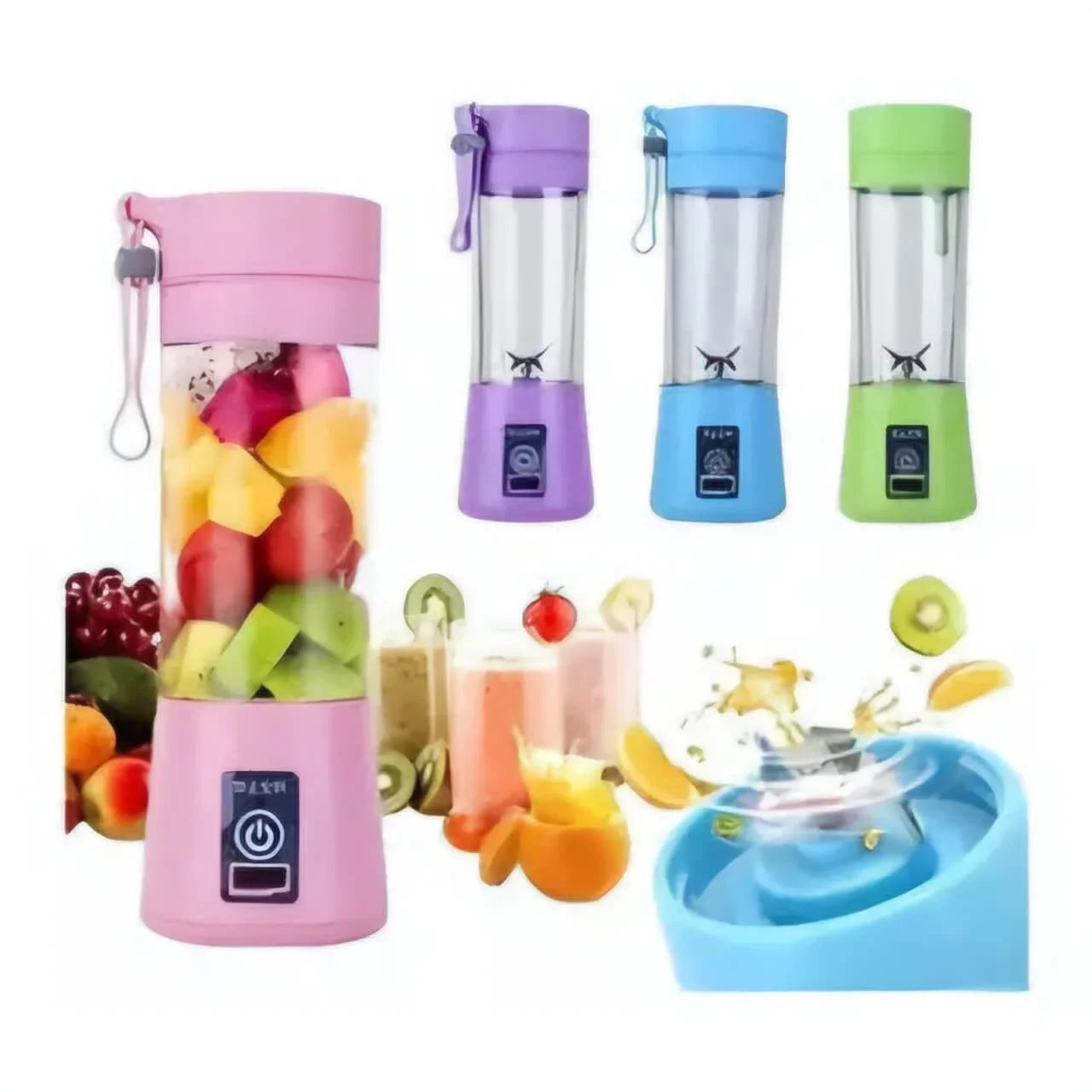 Mini liquidificador portátil colorido com frutas, sucos e lâminas, ideal para smoothies