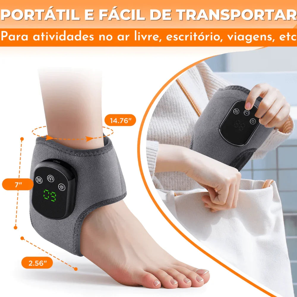 Faixa ortopédica portátil eletrônica para tornozelo, fácil de transportar, medidas destacadas.