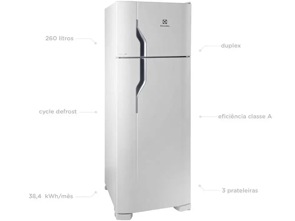 Geladeira Electrolux branca 260 litros duplex, cycle defrost, eficiência classe A, 3 prateleiras