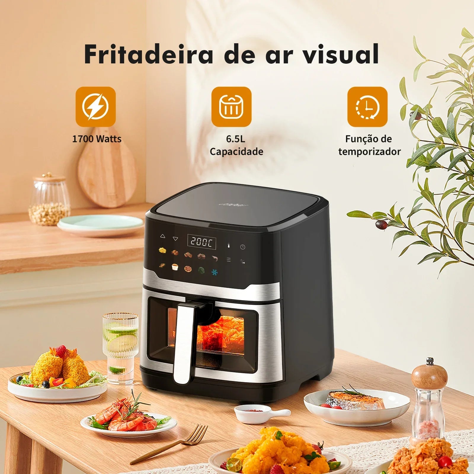 Fritadeira de ar visual preta 6,5L, painel digital, pratos de comida em mesa de madeira