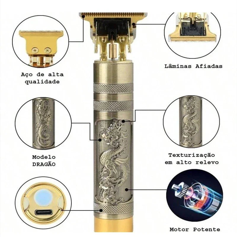 Máquina de cortar cabelo modelo dragão dourada, aço de alta qualidade, lâminas afiadas e texturização em alto relevo.