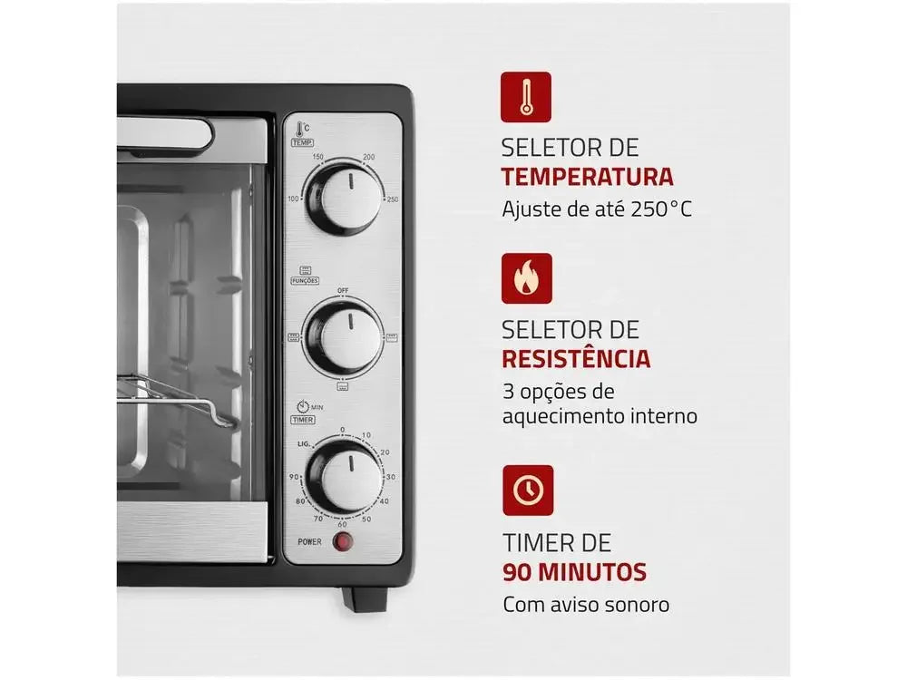 Painel de forno elétrico inox com seletores de temperatura, resistência e timer de 90 minutos.